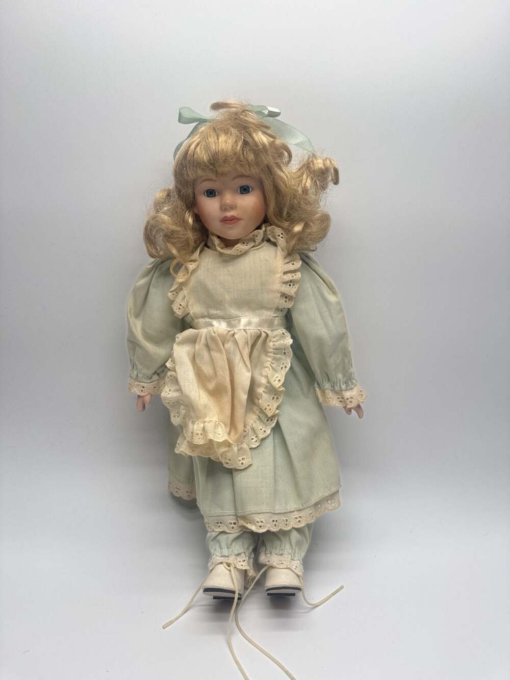 Vintage Porcelain Collector Doll Blonde Hair Blue Dress 16 Inch